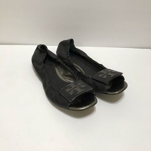 Tory Burch Black Leather Open Toe Flats